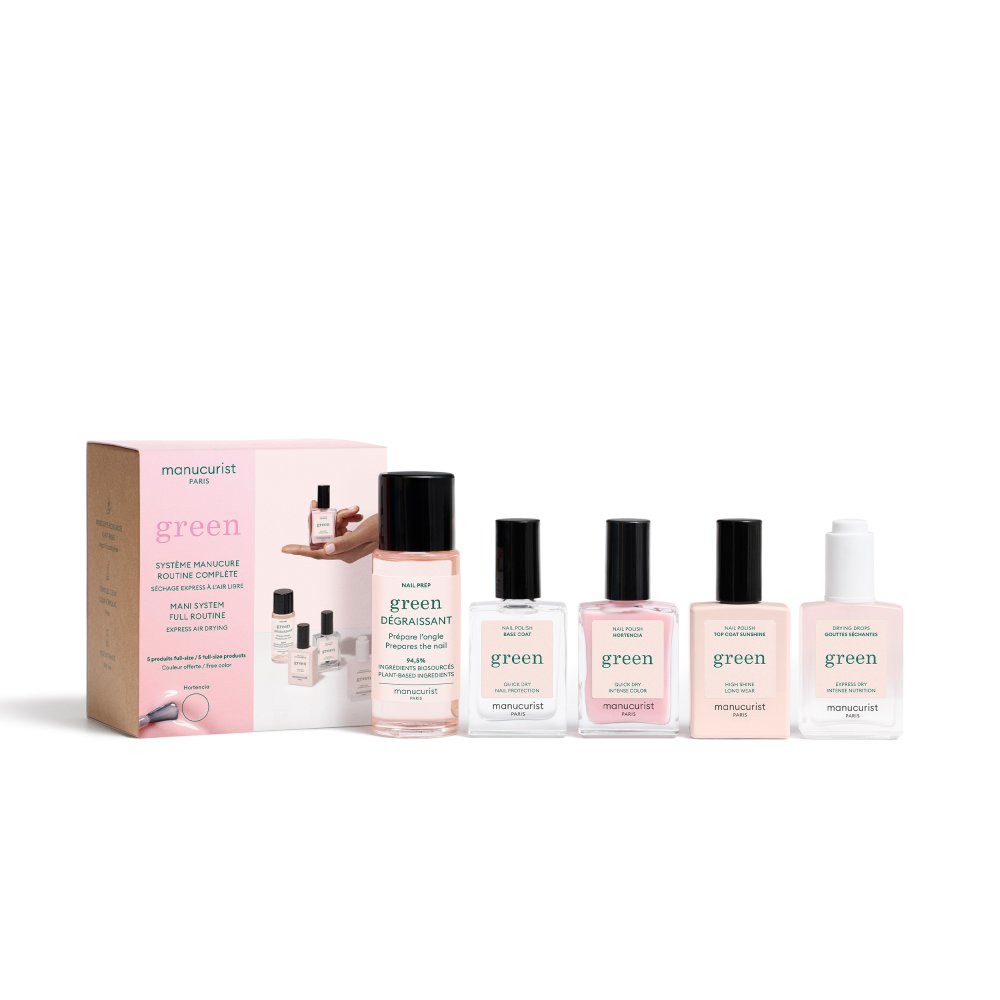 Manucurist System Green — Nail Prep, base coat, lak, top coat a Drying Drops